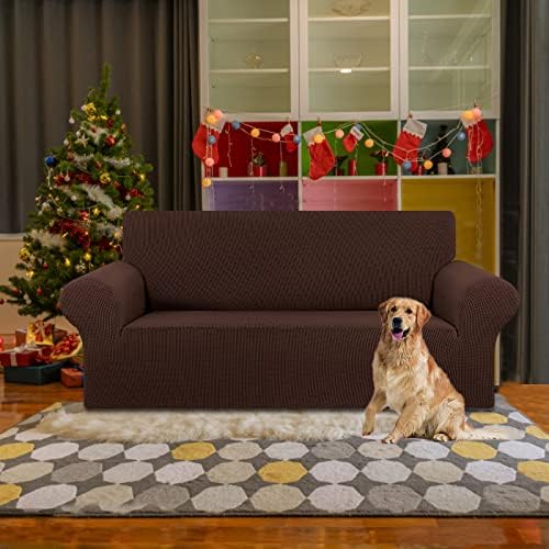 KEKUOU Stretch Loveseat Couch Cover, 2 Cushion Couch Slipcover,Chocolate