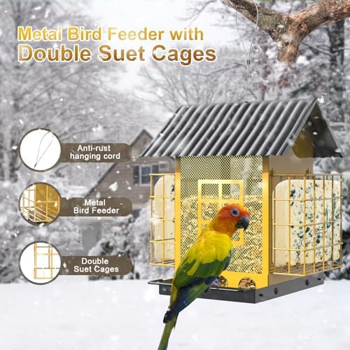 FlowaFoli Bird Feeders for Outdoors Hanging, Metal Bird Feeder with Double Suet Cage Cake, Large Capacity, Birdfeeders Sturdy & Weatherproof, Easy to Clean & Refill, Great for Attracting Wild Birds