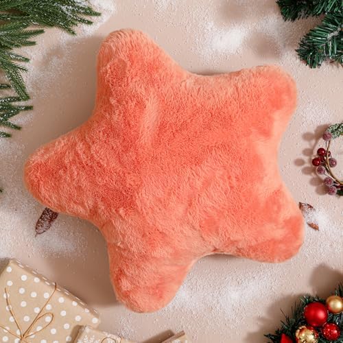 YRXRUS Star Pillows, Christmas Pillows, Orange Star Shaped Pillow, Gifts, Cute Plush Throw Pillow Room Decor, Fluffy Faux Rabbit Fur 18"x18", Living Bedroom