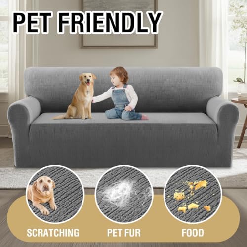 H.VERSAILTEX Jacquard Sofa Slipcover with Waterproof Seat Furniture Protector 1 Piece Stretch Sofa Covers with Elastic Bottom for Kids, Pets, Dog(Sofa XL, Grey)