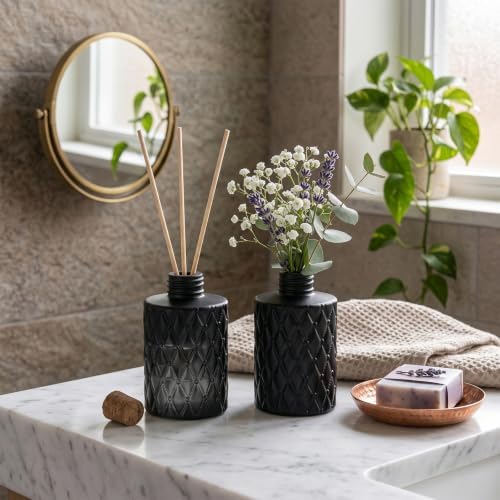 MyGift Black Glass Reed Diffuser Bottles with Cork Lids, Set of 2