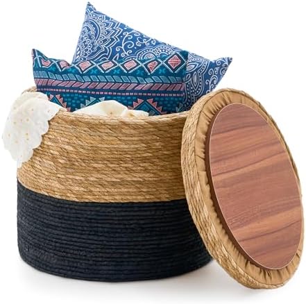 18'' Boho Pouf Storage Ottomans Natural Straw Rustic Handmade Lounge Pouffe