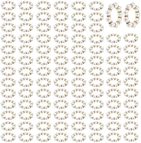 100Pcs Pearl Napkin Rings Imitation Pearl Ring Napkin Holder Delicate Gold Beaded Serviette Buckles for Wedding Christmas Dinner Banquet Decor Party Table Settings
