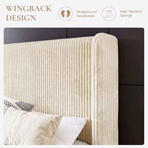 SHA CERLIN Queen Corduroy Platform Bed with Tufted Wingback Headboard/Cream