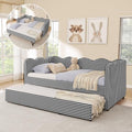 Twin Size Daybed with Pop Up Trundle, Linen Gingham Twin to King Daybed with USB Ports, Upholstered Day Bed Frame, Modern Sofa Bed for Living Room/Bedroom/Guest Room, No Box Spring Needed, Black
