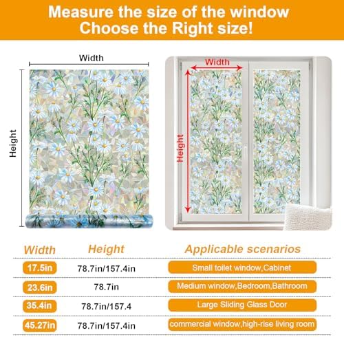 Countewol Privacy Window Films Stain Glass Cling No Glue Anti-UV Window Sticker for Bathroom Bedroom Living Room(Daisy Rainbow 78.7" L*35.4" W)