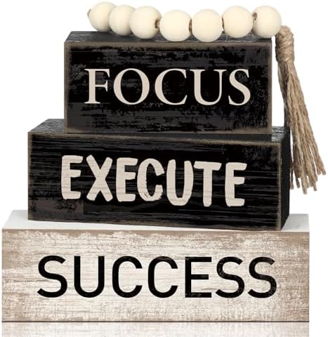Yuntau 4 Pcs Motivational Desk Decor Wood Block Signs Focus Execute Success