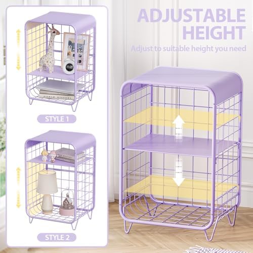 APEXCHASER Cute Kids Nightstand,3 Tier Metal Side Table,Purple