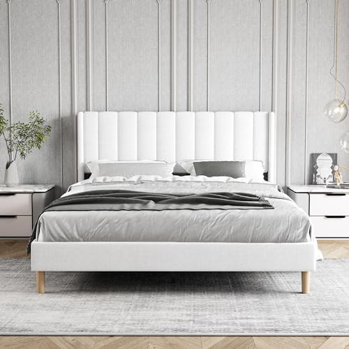 Queen Size Bed Frame with Linen Upholstered Headboard, White