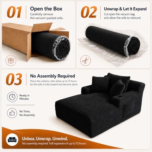 66" Chaise Lounge Chair Indoor, Corduroy Upholstered Reading Chair Oversized Boneless Chair with Deep Seat, Cloud Lounge Chair with 3 Pillows for Living Room, Bedroom, No Assembly Required