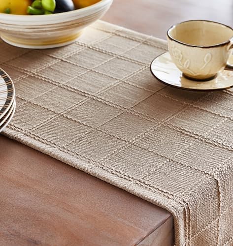 ZeeMart Linen Checked Farmhouse Table Runner, 13x72 Inches Taupe