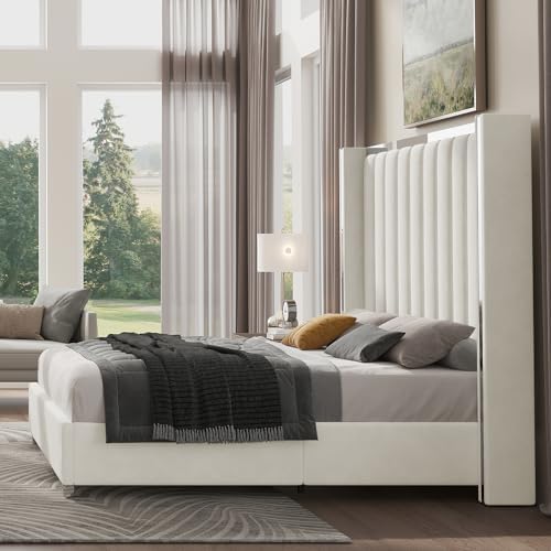 Jocisland Queen Upholstered Bed Frame with 58" Tall Headboard, Cream