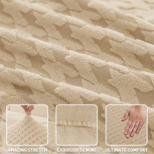ZNSAYOTX 1 Piece Stretch Loveseat Cover (55"-71") New-Houndstooth Texture, Thick Sofa Covers for 2 Cushion Couch Universal Sofa Slip Cover with Elastic Bottom & Buckle, Soft Protector Khaki