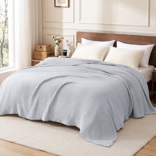Love's cabin 100% Cotton Muslin Blanket Queen Size for Bed, Light Grey