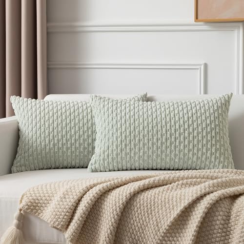 Kevin Textile Soft Corduroy 12"x20" Lumbar Pillow Covers 2 Pack Light Green