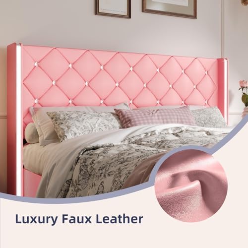 HOMBCK King Bed Frame with Leather Headboard, Silverside Wingback, Pink