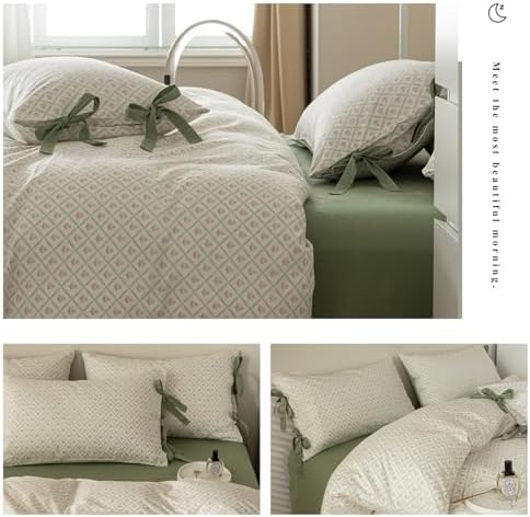 Pink Floral Duvet Cover Queen Cottage Vintage Bedding Set Queen Aesthetic Flower Cute Girls Duvet Cover Set with 2 Green Bowknot Pillow Shams Soft Cotton Grid Plaid Cream Comforter Cover