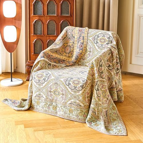 VANJOROY King Boho Throw Blanket, 100% Organic Cotton Breathable Skin-Friendly Ultra Soft 91" x 98" Bed Quilt Throw - Floral Rustic Decor Luxury Reversible Blanket for Sofa Couch Chair and Gift