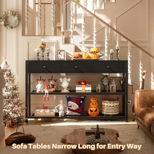 Ecopriso 47'' Entryway Table with Outlets and USB Ports, Console Table with 3 Drawers, Sofa Table Narrow Long with Storage Shelves for Living Room, Couch, Hallway, Foyer, Kitchen Counter, Black