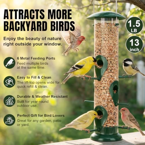 FEED GARDEN Bird Feeder for Outdoors Hanging, 13" 6 Ports, Clear Tube