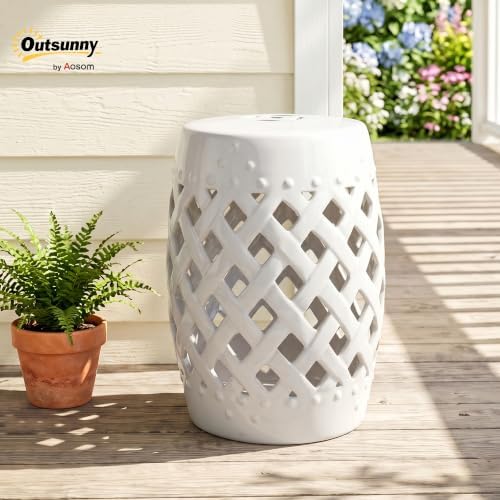 Outsunny 12.5" x 18" Ceramic Garden Stool Outdoor Stool Woven Lattice White