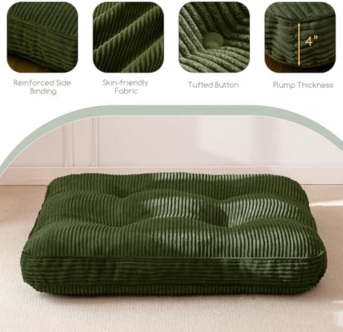 HIGOGOGO 35" Floor Pillow Cushion for Adults, Meditation Cushion Pillow, Extra Large Square Floor Sitting, Tufted Corduroy Cover for Tatami Living Room or Yoga, Dark Green