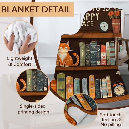 Fall Throw Blanket,Bookshelf Throw Blanket for Couch Home Decor,Cute Cat Soft Plush Travel Blanket Lightweight,Cozy Throws for Couch,Bed,Naps,Reading60 X 80 Inch