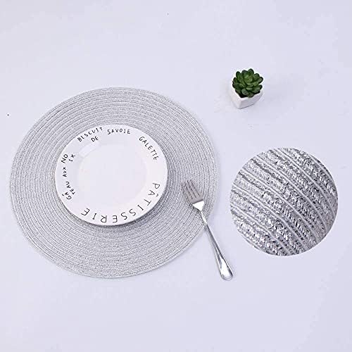 SHACOS Glitter Silver Placemats Set of 8 Sparkle Bling 15 inch Round Braided Table Mats Washable Place Mats for Dining Table Home Christmas Holiday Decor (Silver, 8)