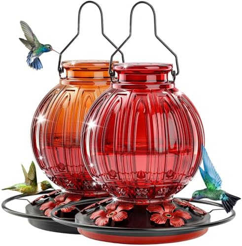 2 Pack Glass Hummingbird Feeder for Outdoors Hanging, Bird Nectar Feeder with Perch & 5 Flower Feeding Ports, 26 Oz Leak Proof for Outside Garden Decor Backyard, Gifts for Women Mom, Red + Orange Red