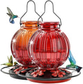 2 Pack Glass Hummingbird Feeder for Outdoors Hanging, Bird Nectar Feeder with Perch & 5 Flower Feeding Ports, 26 Oz Leak Proof for Outside Garden Decor Backyard, Gifts for Women Mom, Red + Orange Red