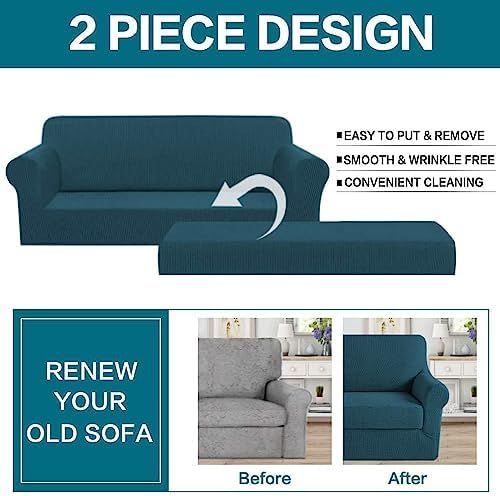Turquoize Stretch Sofa Slipcover 2 Pieces Sofa Cover Couch Cover for 3 Cushion Couch Washable Furniture Protector Covers with Elastic Bottom Feature Thick Jacquard Fabric (Sofa, Deep Teal)