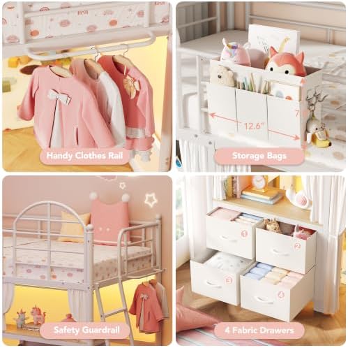 Twin Low Loft Bed with Desk & 4 Storage Drawers, Smart LED Lights, White