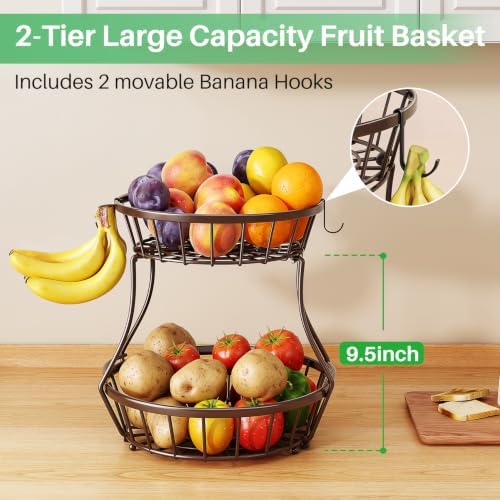 SAYZH 2-Tier Large Fruit Basket Bowl for Kitchen Counter with Banana Hanger