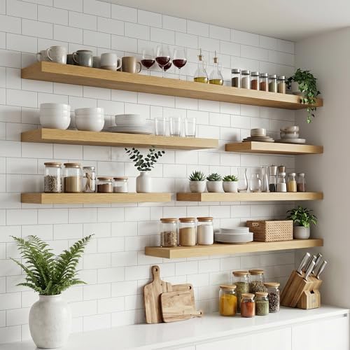 55 Inch Floating Shelves for Wall, 8"D Wood Storage Shelves, Oak Finish