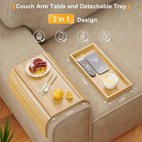 Bestjing 2 in 1 Bamboo Sofa Armrest Tray Table for Couch