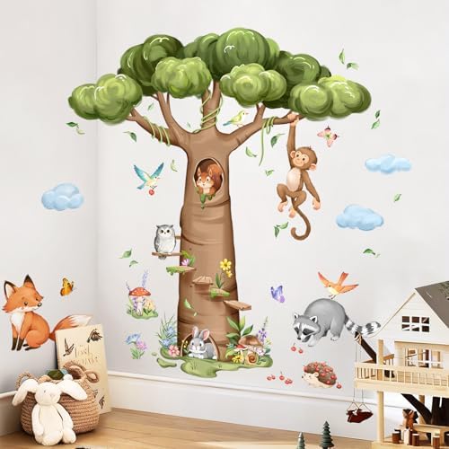 Tanlaby Woodland Animal Tree Wall Decals Rabbit Fox Monkey Wall Stickers