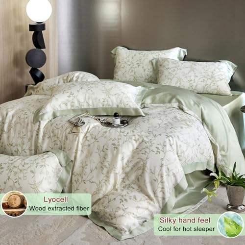 Green Flower Duvet Cover Twin Cooling Lyocell Comfoter Cover Set for Hot Sleeper,Moisture Wicking Silky Bedding Set-Mint Green