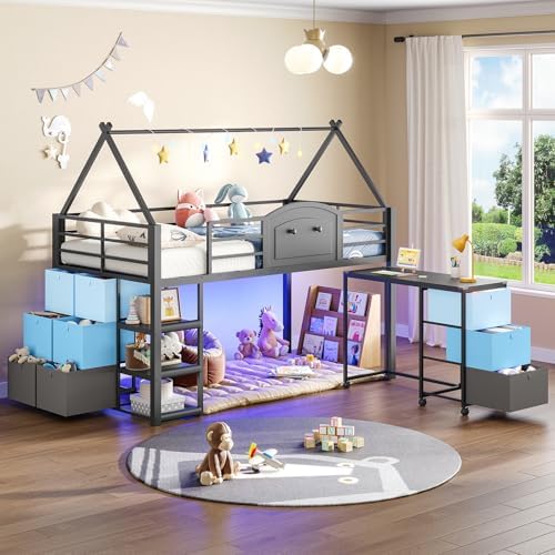 Twin Loft Bed with Desk and Storage for Kids, Metal Low Loft Bed Twin with 9 Drawers, 3-Tier Shelves, Led Lights, Safety Guardrail, No Box Spring Needed,Grey