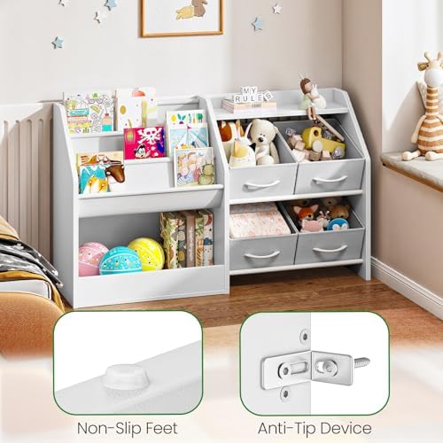 CHOEZON Kids Bookshelf with 3-Tier Oxford Fabric Slings and 4 Fabric Drawers, Toy Storage Organizer, Children's Bookcase, Toddler Bookshelf, for Kids' Room, Nursery, Bedroom, Playroom, White MCW19WB