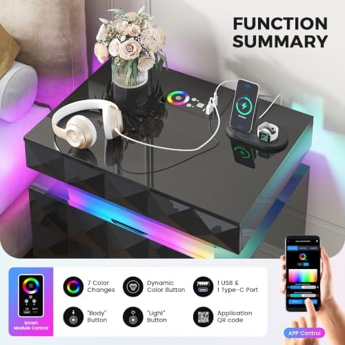 Dystler LED Night Stand Set 2 with Charging Station, Lockable Hidden Drawer