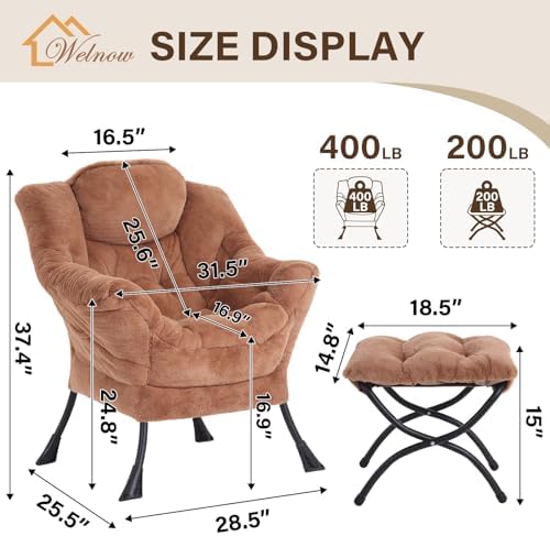 Welnow Lazy Chair with Ottoman, Reading Chair with Footrest, Brown