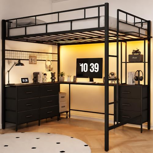Full Size Loft Bed with L-Shaped Desk and Storage, Black