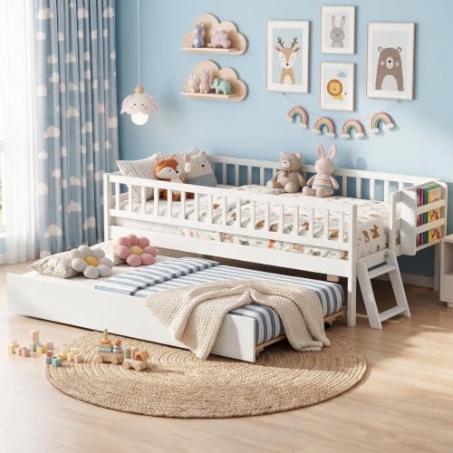 KOMFOTT Twin Bed Frame with Trundle & Bookshelf, Trundle Bed for Kids,White