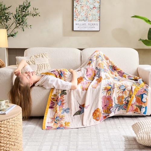 XIBLC Boho Throw Blanket, 100% Cotton Ultra Soft Luxury Throw Rustic Quilt, 90"x98" Floral Bird Butterfly Farmhouse Decor Bed Blankets, All Season Rustic Reversible Bohemian Throw for Bed - Yellow