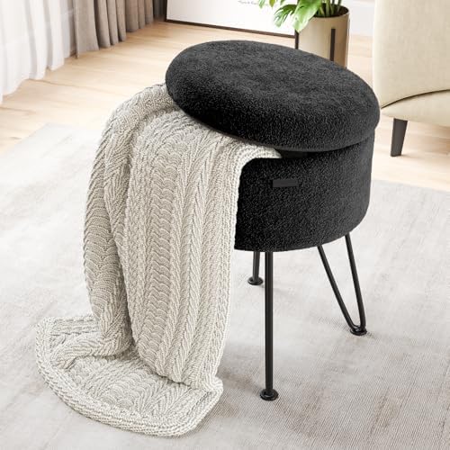 Round Ottoman with Storage, Boucle Storage Ottoman, Foot Stool Ottomans, Makeup Vanity Stool, Small Ottomans Foot Rest, Modern Vanity Stools for Living Room and Bedroom, Black