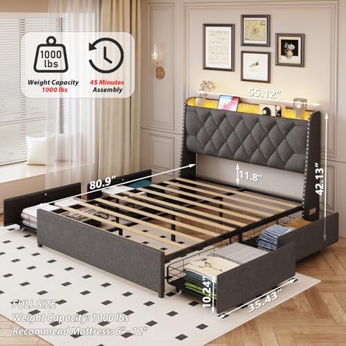 Full Size Bed Frame with 4 Drawers and Storage Headboard, Upholstered Button Linen Platform Full Bed with Led Lights and Handy Charging Station, No Box Spring Needed, Easy Assembly, Noise Free, Gray
