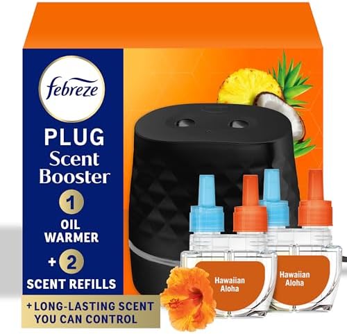Febreze Plug Scent Booster Starter Kit, Black, Oil Diffuser, Air Freshener Plug in, Continuous Scent Device + 2 Hawaiian Aloha Refill