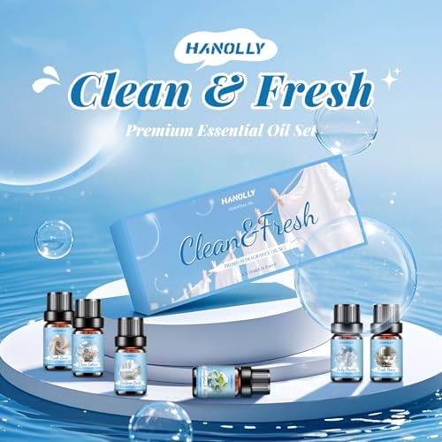 Essential Oils Set, Clean Scents Fragrance Oil Aromatherapy Essential Oils Kit for Diffuser (6x10ML) - Baby Powder, Bedtime Bath, Clean Cotton, Eucalyptus & Mint, Fresh Home, Fresh Linen Scented Oil