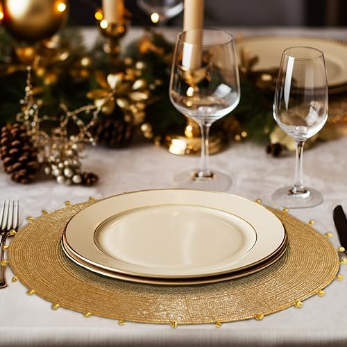 COTTON CRAFT Glitz Handmade Beaded Charger Placemats- Set of 4 - Gold Bells