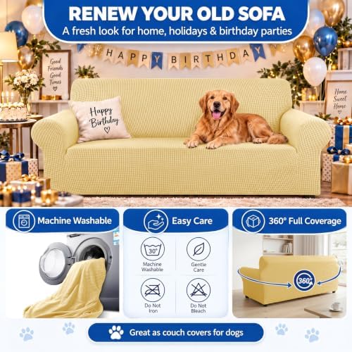 KEKUOU Stretch Couch Covers for Sofa, 3 Cushion Couch Slipcover,Champagne